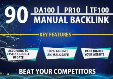 I will manual 90 SEO backlinks on pr10,  da100,  tf100 unique domains