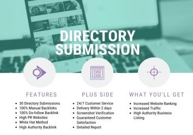 I will submit manually 30 directory backlinks,  local citations in high PR sites