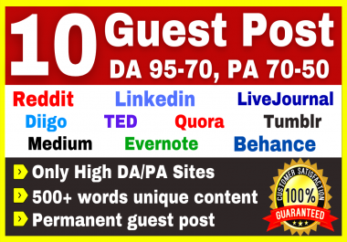 Create 10 Guest Posts Backlinks DA 95-70 Quora Ted Medium Reddit Behance Linkedin Diigo Tumblr Etc