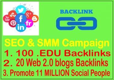 SEO & SMM Campaign- 100 EDU Backlinks-20 WEB2.0 Backlinks- Promote 11 Million Social fans