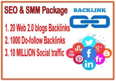 SEO & SMM Package - 20 Web 2.0 blogs backlinks -1000 Do-follow backlinks- Promote 10 Million Social People