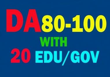 Create 60 Backlinks Da 80 To 100,  40 links,  With 20 Edu-Gov. average DA 40-100 20 links
