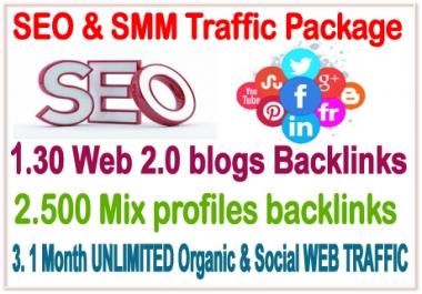 SMM Traffic & SEO Best Pak- 30 WEB 2.0 Blogs Backlinks- 500 Mix Profiles Backlinks- 1 Month Unlimited web traffic