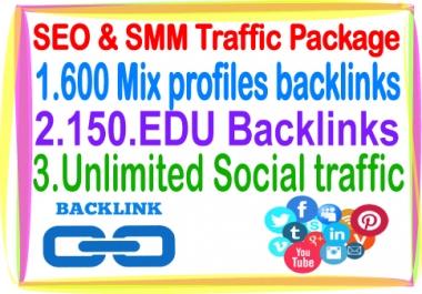 Most Popular SEO & SMM Package on SeoClerks- 600 Mix profiles Backlinks- 150 Edu Backlinks- Unlimited Social traffic