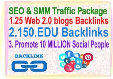 SEO & SMM Traffic Package -25 Web 2.0 Blogs Backlinks- 150. edu Backlinks- Promotion 10 Million social people