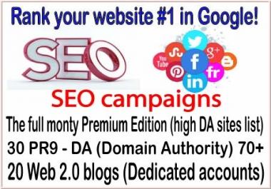 HQ SEO campaigns-The full monty Premium Edition-30 PR9 - DA Domain Authority 70-20 Web 2.0 blogs backlinks