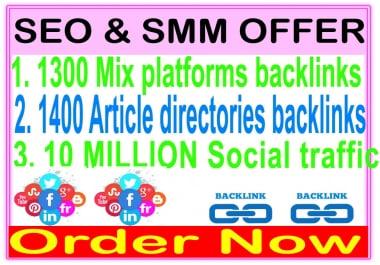 Indexer SEO campaigns -1300 Mix platforms backlinks-1400 Article directories backlinks-Promotion 10 Million social People